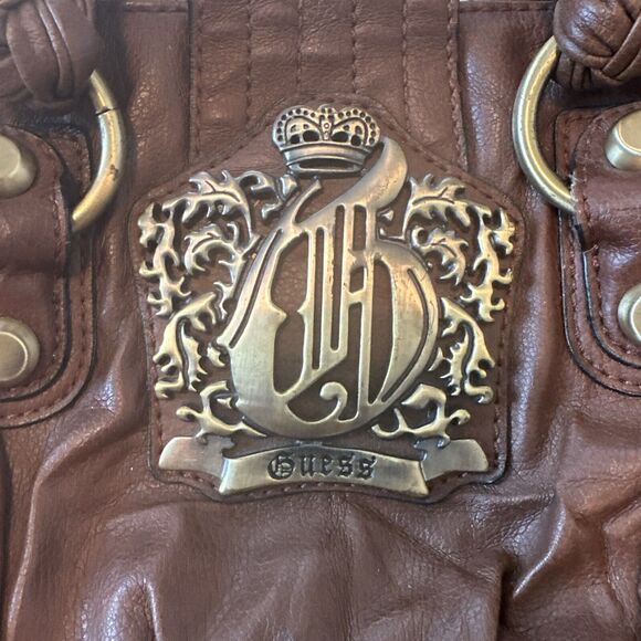 Vintage Y2K Guess Brown Leather Hand Bag Crown Logo With Shoulder Strap - Picture 2 of 10